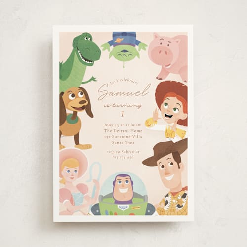 This is a taupe kids birthday invitations with standard by Sabrin Deirani called disney's and pixar toy story friends printing on signature in standard