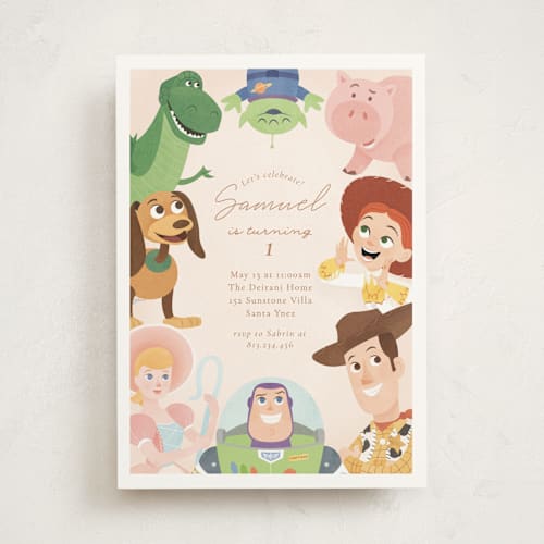 This is a taupe kids birthday invitations with standard by Sabrin Deirani called disney's and pixar toy story friends printing on signature in standard