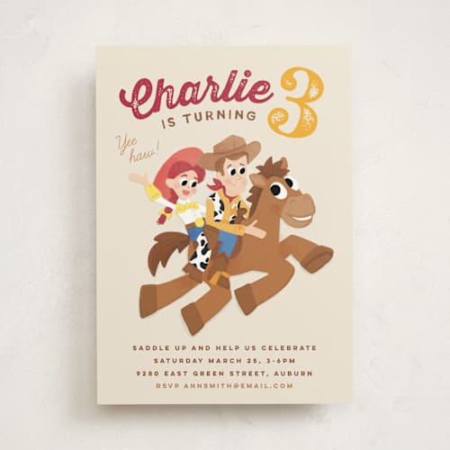 This is a vanilla kids birthday invitations with standard by Jessie Steury called disney and pixar's cowboy friends printing on signature in standard