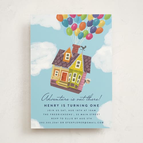 This is a sky kids birthday invitations with standard by Brooke Chandler called disney and pixar's adventure is out there! printing on signature in standard
