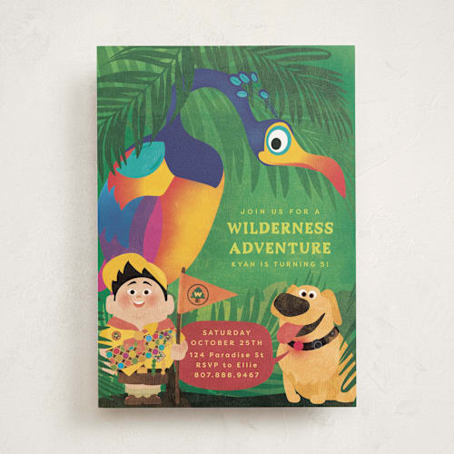 This is a paradise kids birthday invitations with standard by Kamala Nahas called disney and pixar's up wilderness adventure printing on signature in standard