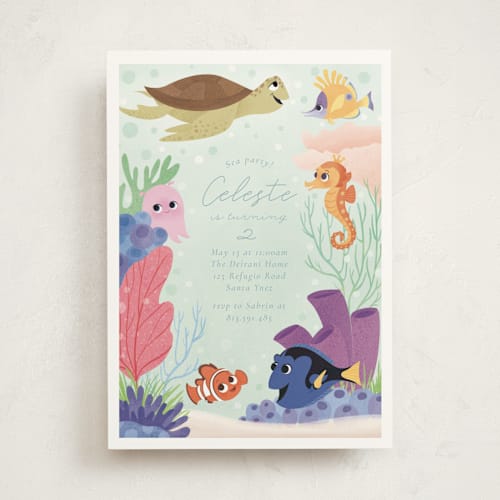 This is a seafoam kids birthday invitations with standard by Sabrin Deirani called disney and pixar's finding nemo friends printing on signature in standard