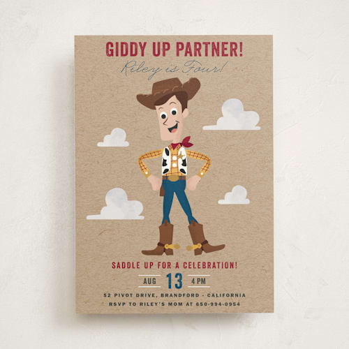 This is a rustic kids birthday invitations with standard by Oma N. Ramkhelawan called disney and pixar's howdy woody printing on signature in standard