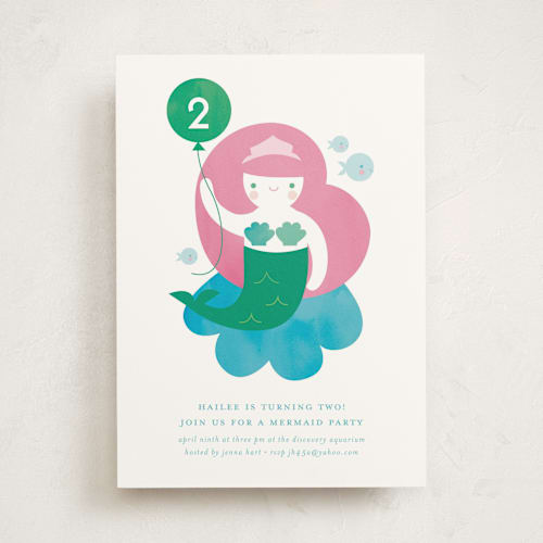This is a aqua kids birthday invitations with standard by Lori Wemple called mermaid printing on signature in standard