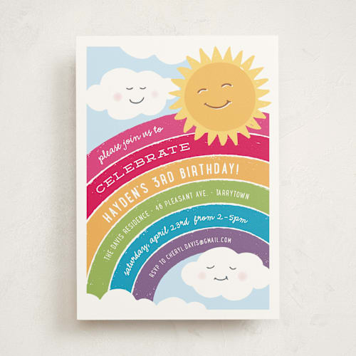 This is a rainbow kids birthday invitations with standard by Hooray Creative called joyful rainbow printing on signature in standard