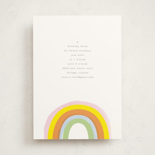 This is a apricot kids birthday invitations with standard by Baumbirdy called little rainbow printing on signature in standard