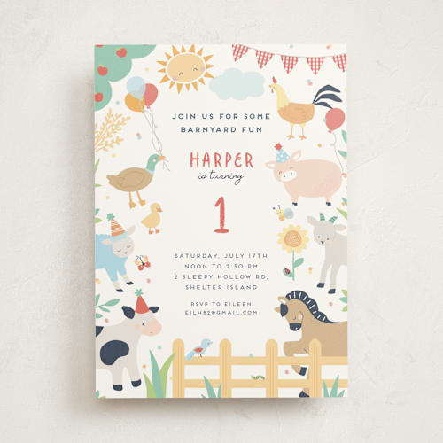 This is a barn kids birthday invitations with standard by peetie design called barnyard fun printing on signature in standard