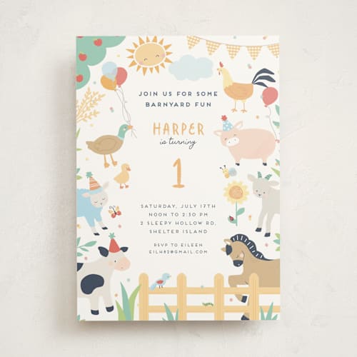 This is a buttercup kids birthday invitations with standard by peetie design called barnyard fun printing on signature in standard