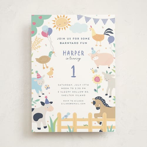 This is a lilac kids birthday invitations with standard by peetie design called barnyard fun printing on signature in standard