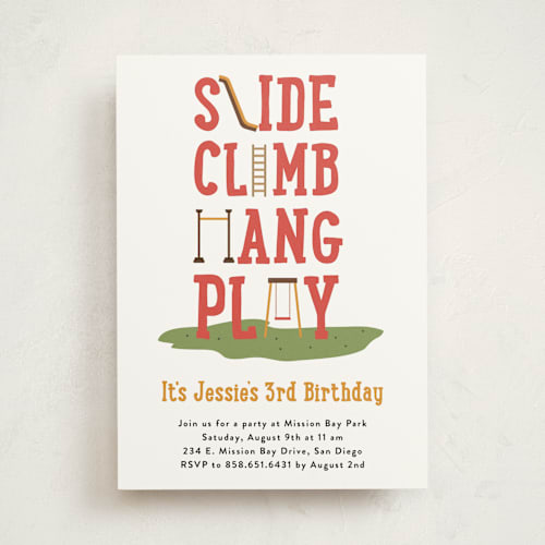 This is a ketchup kids birthday invitations with standard by Erica Krystek called at the playground printing on signature in standard