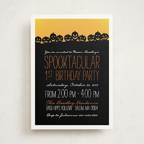 This is a midnight kids birthday invitations with standard by Sarah Brown called spooktacular printing on signature in standard
