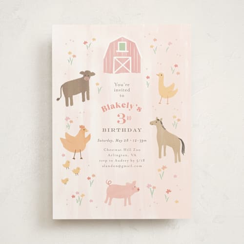 This is a strawberry kids birthday invitations with standard by Jennifer Wick called storybook farm printing on signature in standard