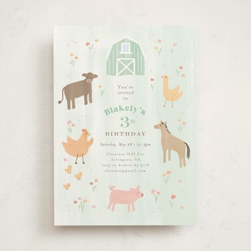 This is a mint kids birthday invitations with standard by Jennifer Wick called storybook farm printing on signature in standard