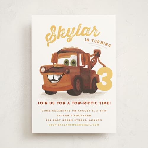This is a pearl kids birthday invitations with standard by Jessie Steury called disney and pixar's tow-riffic mater printing on signature in standard