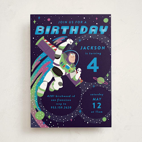 This is a night sky kids birthday invitations with standard by Katie Zimpel called disney and pixar birthday buzz printing on signature in standard