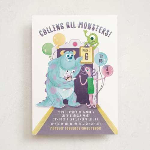This is a roar kids birthday invitations with standard by curiouszhi called disney and pixar's monster's inc party door printing on signature in standard