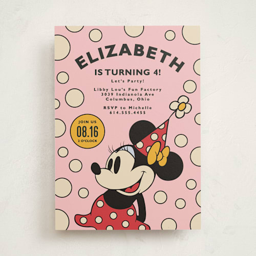 This is a blush kids birthday invitations with standard by Heather Schertzer called disney vintage minnie's mouse printing on signature in standard