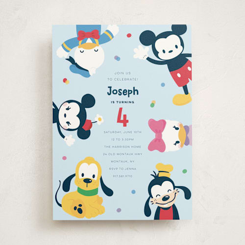 This is a sky kids birthday invitations with standard by peetie design called disney's happy mickey & friends printing on signature in standard