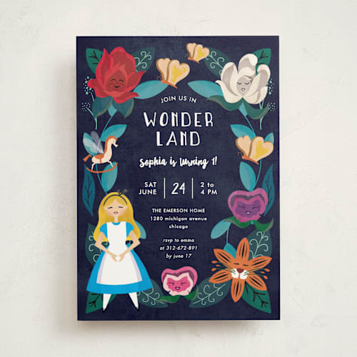 This is a midnight kids birthday invitations with standard by Lehan Veenker called disney's alice in wonderland garden printing on signature in standard