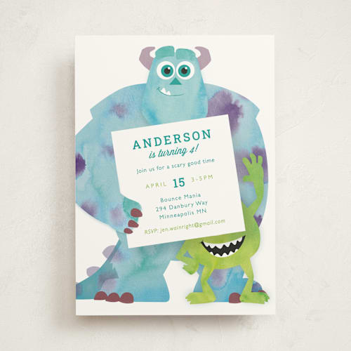 This is a marshmallow kids birthday invitations with standard by Holly Whitcomb called disney and pixar's monster's inc party printing on signature in standard