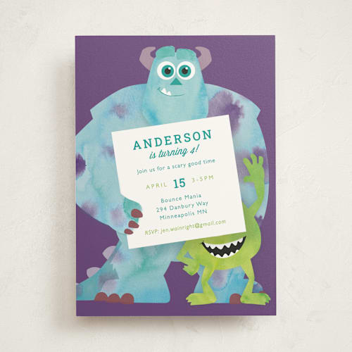This is a grape kids birthday invitations with standard by Holly Whitcomb called disney and pixar's monster's inc party printing on signature in standard
