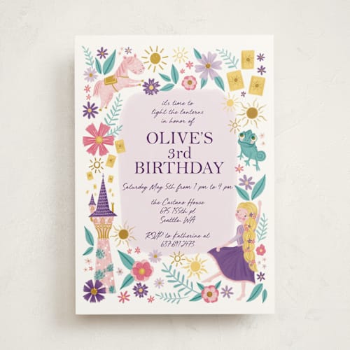 This is a lilac kids birthday invitations with standard by Katherine Dietz called disney's tangled floral birthday invite printing on signature in standard
