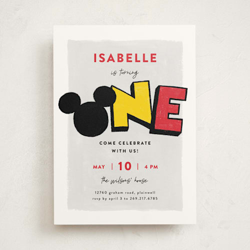 This is a traditional kids birthday invitations with standard by Pixel and Hank called a disney mickey party printing on signature in standard