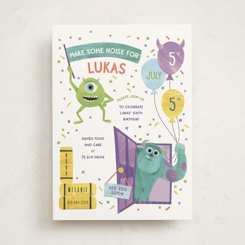 This is a lime slime kids birthday invitations with standard by Sarah Knight called disney and pixar's monster's inc make some noise printing on signature in standard