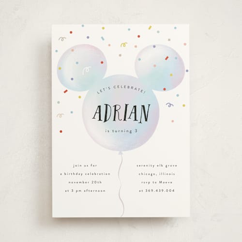 This is a sky kids birthday invitations with standard by chocomocacino called disney's mickey mouse palloncino printing on signature in standard