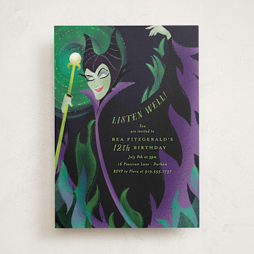 This is a forbidden mountain kids birthday invitations with standard by Jackie Crawford called magnificent maleficent printing on signature in standard