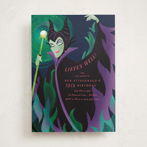 This is a make it blue kids birthday invitations with standard by Jackie Crawford called magnificent maleficent printing on signature in standard