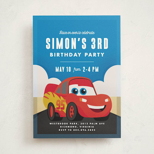 This is a sky kids birthday invitations with standard by Carly Reed Walker called disney and pixar's cars kachow printing on signature in standard