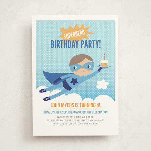 This is a royal blue kids birthday invitations with standard by Tara Lilly Studio called super birthday boy printing on signature in standard