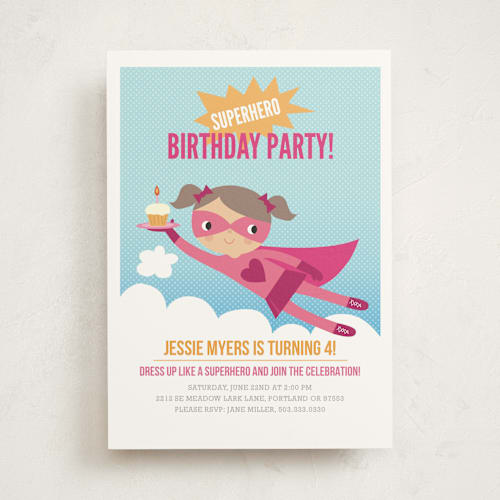 This is a magenta kids birthday invitations with standard by Tara Lilly Studio called super birthday girl printing on signature in standard