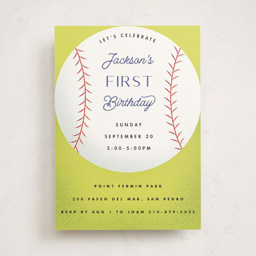 This is a grass kids birthday invitations with standard by Becky Nimoy called baseball printing on signature in standard