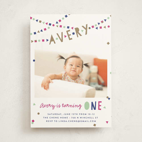 This is a magenta kids birthday invitations with standard by Melissa Egan of Pistols called festive bunting printing on signature in standard