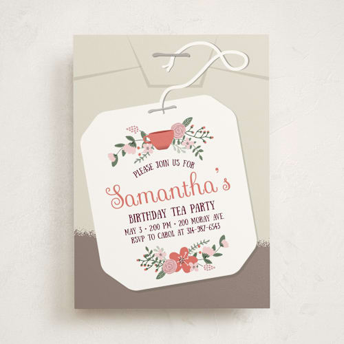 This is a coral kids birthday invitations with standard by Kristin Mastoras called modern tea party printing on signature in standard