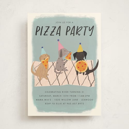 This is a cobblestone kids birthday invitations with standard by Stephanie Given called puppy pizza party printing on signature in standard