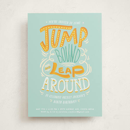 This is a sky kids birthday invitations with standard by Shiny Penny Studio called jump bound & leap printing on signature in standard