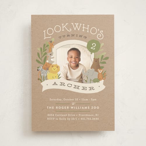 This is a kraft kids birthday invitations with standard by Jennifer Wick called zoo friends printing on signature in standard
