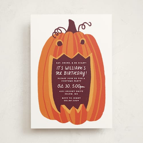 This is a vanilla spice kids birthday invitations with standard by Rebecca Smith called eat, drink, and be scary printing on signature in standard