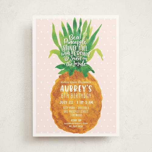 This is a blush kids birthday invitations with standard by Laura Bolter called be a pineapple printing on signature in standard