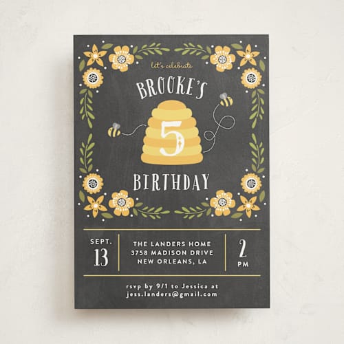 This is a chalkboard kids birthday invitations with standard by Chasity Smith called bee day party printing on signature in standard