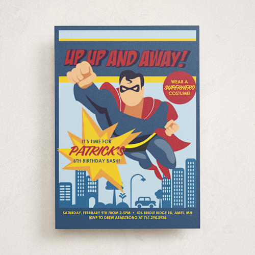 This is a navy kids birthday invitations with standard by Kate Hofstad called up up and away - superman printing on signature in standard