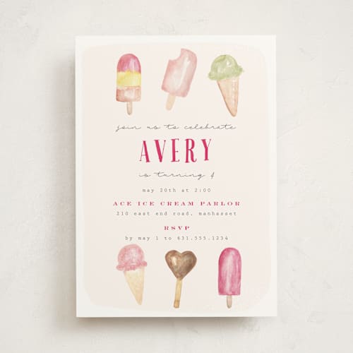 This is a blush kids birthday invitations with standard by Nicoletta Savod called ice cream parlor printing on signature in standard
