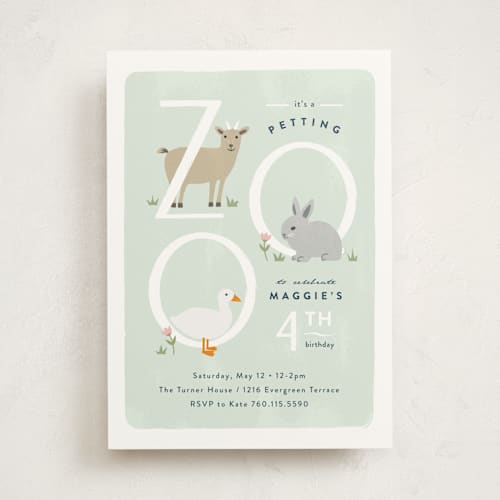 This is a grass kids birthday invitations with standard by Carolyn MacLaren called petting zoo letters printing on signature in standard