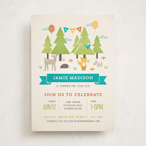 This is a turquoise kids birthday invitations with standard by Michelle Taylor called wild woodland printing on signature in standard