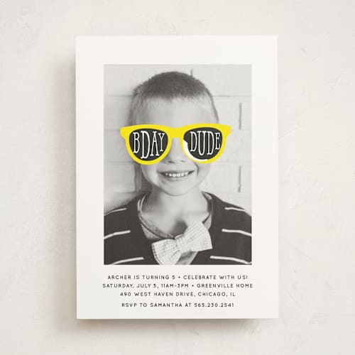 This is a sunshine kids birthday invitations with standard by Baumbirdy called birthday shades printing on signature in standard