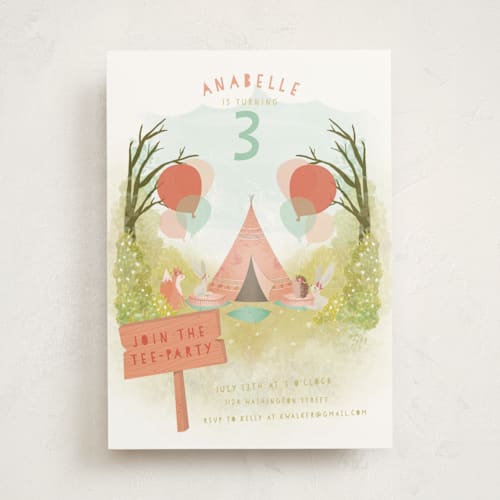 This is a peaches kids birthday invitations with standard by Grace Kreinbrink called tee party printing on signature in standard
