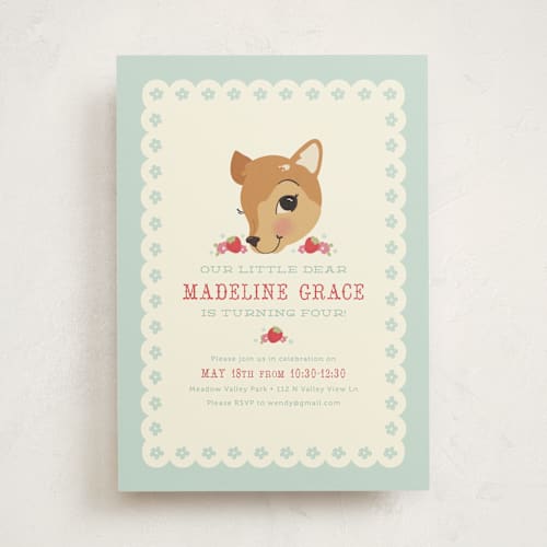 This is a strawberry kids birthday invitations with standard by Melissa Egan of Pistols called fancy fawn printing on signature in standard